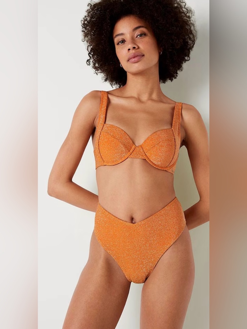 Pink tangelo orange shimmer high-waist cheeky bikini bottom size L